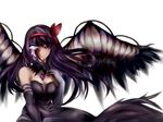  akemi_homura akuma_homura bare_shoulders black_dress black_gloves black_hair black_wings breasts chariot.f cleavage detached_collar dress feathered_wings gloves glowing glowing_eye hairband long_hair mahou_shoujo_madoka_magica mahou_shoujo_madoka_magica_movie medium_breasts purple_eyes red_hairband solo soul_gem strapless strapless_dress wings 