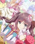  brown_hair chin_rest cream food foreshortening frills gift giving gloves green_eyes hair_bobbles hair_ornament high_heels long_hair looking_at_viewer lying official_art okamoto_miyu on_stomach smile solo sweets twintails wake_up_girls! wake_up_girls!_stage_no_tenshi white_gloves 