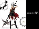  alternate_costume armpits bare_shoulders blue_eyes cape character_name final_fantasy final_fantasy_type-0 hair_over_one_eye hare_(starman_hal) long_hair looking_away open_mouth ponytail school_uniform scythe sice_(fft-0) silver_hair skirt solo thighhighs weapon zettai_ryouiki 