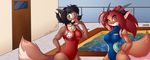  antelope anthro big_breasts black_hair breasts brown_fur brown_hair chest_tuft clothing duo female fur green_eyes hair hope joy_(chalo) las_lindas looking_at_viewer mammal mastergodai purple_eyes swimsuit tuft 