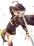  :o armor bad_id bad_pixiv_id cape cherry_blossoms green_eyes hair_flaps hat hotarumaru japanese_armor looking_at_viewer male_focus ootachi shorts shoulder_armor simple_background sock_garters sode solo tobi_(one) touken_ranbu white_background 