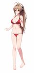  amagi_brilliant_park antenna_hair barefoot bikini blush breasts brown_eyes brown_hair chance_maker cleavage feet hair_ribbon highres huge_breasts legs long_hair looking_at_viewer navel ponytail ribbon sento_isuzu simple_background smile solo standing swimsuit thighs toes white_background 