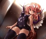  bird_ear bird_wings black_legwear covered_navel moura_(kenyuugetu) mystia_lorelei one-piece_swimsuit pink_eyes pink_hair school_swimsuit solo swimsuit touhou wings 