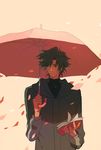  black_hair book ch3507 fate/zero fate_(series) highres hood hoodie male_focus matou_kariya petals solo umbrella 