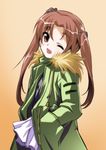  brown_eyes brown_hair casual coat fang girls_und_panzer hair_ribbon hands_in_pockets kadotani_anzu long_hair looking_at_viewer miniskirt one_eye_closed open_mouth pleated_skirt ribbon senomoto_hisashi shirt skirt smile solo standing twintails 