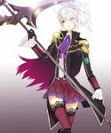  alternate_costume blue_eyes cape final_fantasy final_fantasy_type-0 gradient gradient_background hair_over_one_eye long_hair looking_at_viewer open_mouth ponytail school_uniform scythe sice_(fft-0) silver_hair skirt solo thighhighs weapon 