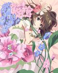  bare_shoulders blue_eyes brown_hair bug butterfly dress flower gloves hair_flower hair_ornament insect long_hair lying messy_hair official_art on_side open_mouth shimada_mayu smile solo wake_up_girls! wake_up_girls!_stage_no_tenshi white_gloves 