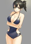  alternate_costume black_hair blue_swimsuit breast_hold breasts casual_one-piece_swimsuit cleavage crossed_arms kaga_(kantai_collection) kantai_collection large_breasts one-piece_swimsuit ponytail seramikku solo swimsuit yellow_eyes 