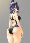  ass back_cutout breasts competition_swimsuit from_behind glowing grey_background hair_over_one_eye kantai_collection looking_back medium_breasts one-piece_swimsuit purple_hair seramikku short_hair simple_background solo swimsuit tenryuu_(kantai_collection) thighs yellow_eyes 