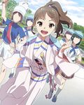  :d beret brown_eyes brown_hair dutch_angle faceless faceless_female hat hisami_nanami japanese_clothes kimono long_hair marching_band multiple_girls official_art open_mouth outdoors ponytail smile solo_focus sword wake_up_girls! wake_up_girls!_stage_no_tenshi walking weapon 