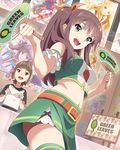  :d belt brown_hair fan green_eyes hair_ribbon hisami_nanami long_hair looking_at_viewer midriff multiple_girls official_art okamoto_miyu open_mouth paper_fan poster_(object) ribbon skirt smile solo_focus thighhighs twintails uchiwa wake_up_girls! wake_up_girls!_stage_no_tenshi 