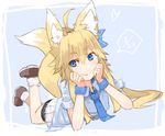  ahoge animal_ears arm_support bike_shorts blonde_hair blue_background blue_eyes blue_neckwear bow dated fox_ears fox_tail ganesagi hair_bow heart legs_up looking_at_viewer loose_socks lying necktie on_stomach original short_hair_with_long_locks sleeves_rolled_up smile socks solo tail wristband 
