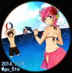  2boys ball beach beachball bikini black_hair bracelet dated diavolo dolphin fisheye flower green_eyes hair_ornament headband hibiscus jewelry jojo_no_kimyou_na_bouken male_swimwear multiple_boys narancia_ghirga ocean pink_bikini pink_hair seta_makoto shirtless skirt swim_trunks swimsuit swimwear trish_una twitter_username wristband yellow_eyes 