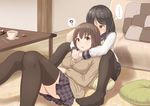  2girls ? bad_id bad_pixiv_id banned_artist between_legs black_hair black_legwear blush brown_eyes brown_hair coaster commentary_request couch cup cushion hair_ornament hairclip hug hug_from_behind indoors long_sleeves looking_at_another minagiku multiple_girls original panties pantyhose pink_panties reclining school_uniform serafuku short_hair sitting skirt smelling smelling_hair spoken_ellipsis spoken_question_mark sweatdrop table teacup thighhighs underwear wrapper yuri 