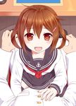  admiral_(kantai_collection) blush brown_eyes brown_hair commentary_request fang hair_ornament hairclip hand_on_another's_chest ikazuchi_(kantai_collection) kantai_collection neckerchief open_mouth pov red_neckwear school_uniform serafuku short_hair sitting sitting_on_lap sitting_on_person skirt smile solo_focus sweatdrop thighhighs tsukino_neru 