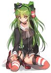  amatsukaze_(kantai_collection) amatsukaze_(kantai_collection)_(cosplay) artist_name c.c. code_geass cosplay creayus dress green_hair hat high_heels kantai_collection kneeling long_hair no_panties sailor_dress short_dress signature simple_background smile solo striped striped_legwear thighhighs two_side_up white_background yellow_eyes 