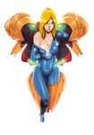  1girl alternate_hairstyle armor bangs bare_shoulders blonde_hair blue_eyes bodysuit breasts cleavage female from_above full_body gloves hair_down highres john_doe large_breasts lips long_hair looking_to_the_side metroid off_shoulder parted_lips power_armor samus_aran simple_background solo swept_bangs thigh_gap undressing unzipping varia_suit white_background zero_suit 