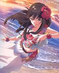  beach blush brown_eyes brown_hair dutch_angle evening flower hibiscus lei long_hair long_skirt looking_at_viewer nanase_yoshino official_art outdoors seductive_smile skirt smile solo wake_up_girls! wake_up_girls!_stage_no_tenshi water waves wind wreath 