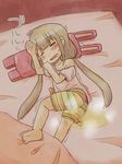  1girl barefoot bedwetting blanket blush brown_hair futaba_anzu long_hair peeing sleeping twintails 