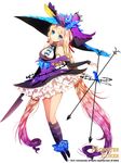  arrow bad_id bad_pixiv_id blonde_hair blue_bow blue_eyes bow gradient_hair hat kitchen_knife kneehighs knife long_hair looking_at_viewer monster_poker multicolored_hair simple_background smile solo striped striped_legwear sukja twintails very_long_hair white_background witch_hat 