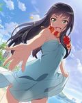 :d beach cloud cowboy_shot day dress dutch_angle flower green_eyes halterneck hibiscus lei long_hair looking_at_viewer nanase_yoshino official_art open_mouth outstretched_arm purple_hair see-through_silhouette skirt_hold smile solo sundress wake_up_girls! wake_up_girls!_stage_no_tenshi wind wreath 