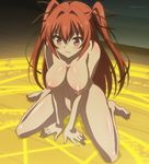  angry areolae barefoot blush breasts feet female full_body hair_ribbon large_breasts long_hair naruse_mio navel nipples nude nude_filter photoshop purple_eyes red_hair ribbon screencap shinmai_maou_no_testament sitting solo 
