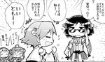  4girls ^_^ ahoge bare_shoulders closed_eyes comic commentary_request detached_sleeves double_bun glasses greyscale hair_bun haruna_(kantai_collection) herada_mitsuru hiei_(kantai_collection) kantai_collection kirishima_(kantai_collection) kongou_(kantai_collection) long_hair long_sleeves monochrome multiple_girls open_mouth pleated_skirt short_hair skirt sparkle translation_request wide_sleeves 
