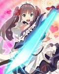  :d \m/ bow brown_hair frills glowing glowing_weapon green_eyes hair_bow heart long_hair maid maid_headdress official_art okamoto_miyu open_mouth smile solo sparkle sword twintails wake_up_girls! wake_up_girls!_stage_no_tenshi weapon 