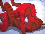  clenched_teeth duo eyes_closed klongi kobold lying male male/male missionary_position on_back penis precum red_scales reptile scalie sex teeth ween 