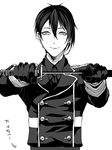  alternate_costume double-breasted drawing_sword gloves greyscale katana male_focus mikazuki_munechika military military_uniform monochrome necktie sheath simple_background smile solo sword touken_ranbu translation_request uniform unsheathing upper_body weapon white_background zuwai_kani 