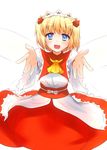  blonde_hair blue_eyes bow fairy_wings hair_bow headdress milfy_oira open_mouth outstretched_arms solo sunny_milk touhou twintails white_background wide_sleeves wings 