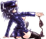  ass black_background black_hair black_legwear blue_eyes blush bra bra_removed cosplay garter_belt hat holding holding_bra kaku_seiga moura_(kenyuugetu) nipples open_clothes police police_hat police_uniform policewoman solo touhou underwear undressing uniform white_background 