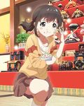  1girl :t altar blush bowl brown_eyes brown_hair brown_skirt eating flower food food_on_face hina_ningyou hinamatsuri katayama_minami kneehighs low_twintails official_art plant skirt solo sparkle standing standing_on_one_leg star statue sweets symbol-shaped_pupils twintails vase wake_up_girls! wake_up_girls!_stage_no_tenshi wavy_mouth white_legwear 