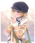  :o bag beige_coat blush breath breathing_on_hands brown_hair coat copyright_name fur-trimmed_coat fur-trimmed_sleeves fur_trim handbag hands_clasped hat highres jugatukumao koizumi_hanayo light_brown_hair love_live! love_live!_school_idol_project own_hands_together purple_eyes scarf short_hair shoulder_bag solo winter_clothes 