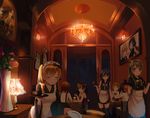  apron ayase_eli bad_id bad_pixiv_id cafe chandelier closed_eyes cup drinking_glass flower hoshizora_rin koizumi_hanayo kousaka_honoka lamp long_hair love_live! love_live!_school_idol_project maid maid_apron maid_headdress minami_kotori multiple_girls necktie nine_wangwang nishikino_maki one_side_up plate portrait_(object) scrunchie short_hair smile sonoda_umi table thighhighs toujou_nozomi tray twintails vase waist_apron wine_glass yazawa_nico zettai_ryouiki 