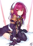 1girl blush bodysuit capelet elbow_gloves fate/grand_order fate_(series) flat_chest fur_trim gae_bolg garter_straps gloves hair_between_eyes hair_ornament hat highres long_hair looking_at_viewer okitakung pauldrons purple_hair red_eyes santa_hat scathach_(fate)_(all) scathach_(fate/grand_order) sitting snow solo sparkle star star_hair_ornament thighhighs white_background younger 