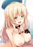  aqua_eyes atago_(kantai_collection) blonde_hair blush breasts choker cleavage hand_on_own_chest hat highres kantai_collection large_breasts long_hair nipples nude ocha_(ochappie) open_mouth pov smile 