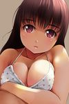  bare_arms bikini breast_hold breasts brown_eyes brown_hair cleavage close-up collarbone eyebrows_visible_through_hair highres large_breasts long_hair looking_at_viewer matsunaga_kouyou original parted_lips solo swimsuit upper_body 