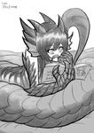  2014 book claws commentary commission dated english_commentary greyscale head_fins horns lamia long_hair lutherniel monochrome monster_girl monster_girl_encyclopedia pun reading scales signature sketch slit_pupils solo upside-down wurm_(monster_girl_encyclopedia) 