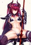  abs alternate_color angry arm_behind_back arm_support armlet armor armored_boots bangs bikini_armor black_armor boots breasts cape commentary confetti cosplay crotch elbow_gloves elizabeth_bathory_(brave)_(fate) elizabeth_bathory_(brave)_(fate)_(cosplay) elizabeth_bathory_(fate)_(all) embarrassed fate/grand_order fate_(series) female gae_bolg gem gloves gluteal_fold gorget greaves hair_between_eyes hair_ribbon highres horns large_breasts long_hair navel okitakung pauldrons polearm purple_gloves purple_hair purple_legwear purple_ribbon red_eyes revealing_clothes ribbon scathach_(fate)_(all) scathach_(fate/grand_order) shoulder_armor signature silver_trim simple_background solo spaulders spear spread_legs squatting sweatdrop thighs tiara tied_hair twintails type-moon v-shaped_eyebrows vambraces weapon white_background 