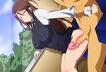  1boy 1girl arm_grab arm_held_back blush bottomless breasts brown_hair censored closed_eyes clothed_sex cum cum_in_pussy ground_vehicle hera_(hara0742) hetero highres iida_nana internal_cumshot large_breasts long_hair mosaic_censoring penis public rail_wars! sex sidelocks thighs train_interior uniform vaginal wrist_grab x-ray 