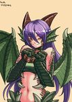  2015 claws collar dated dragon_(monster_girl_encyclopedia) dragon_girl dragon_horns dragon_wings gradient gradient_background green_wings head_fins horns long_hair looking_at_viewer lutherniel monster_girl monster_girl_encyclopedia navel orange_eyes purple_eyes scales signature smile solo upper_body wings 