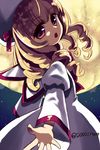  bad_id bad_pixiv_id blonde_hair bow douji drill_hair full_moon hat hat_bow looking_back luna_child moon open_mouth outstretched_hand red_eyes solo touhou 