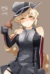  bad_id bad_pixiv_id bare_shoulders bismarck_(kantai_collection) bismarck_(kantai_collection)_(cosplay) blush braid breasts brown_gloves cosplay elbow_gloves gloves hat kantai_collection large_breasts long_hair looking_at_viewer meth_(emethmeth) military military_uniform single_braid smile solo translated uniform unryuu_(kantai_collection) yellow_eyes 