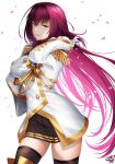  1girl adjusting_hair black_legwear boots commentary_request epaulettes fate/extella_link fate/grand_order fate_(series) gloves long_hair looking_at_viewer military military_uniform okitakung petals purple_hair red_eyes scathach_(fate)_(all) scathach_(fate/grand_order) simple_background skirt solo thigh_boots thighhighs uniform white_background zettai_ryouiki 