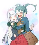  black_hair gloves hairband hug japanese_clothes kantai_collection long_hair multiple_girls muneate pyonpy-dx shoukaku_(kantai_collection) silver_hair smile tears twintails wince yellow_eyes zuikaku_(kantai_collection) 