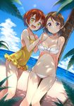  :3 :d bangs beach bikini blush bow breasts brown_hair casual_one-piece_swimsuit cleavage cloud collarbone covered_navel dappled_sunlight day dutch_angle frilled_swimsuit frills front-tie_top hair_ornament hairclip hands_on_another's_shoulder horizon hoshizora_rin koizumi_hanayo lens_flare light_smile love_live! love_live!_school_idol_project medium_breasts midriff multiple_girls navel ocean one-piece_swimsuit open_mouth orange_hair outdoors palm_tree purple_eyes shitou_(1992116210) short_hair sky small_breasts smile standing sunlight swept_bangs swimsuit thigh_gap tree underboob white_bikini yellow_eyes yellow_swimsuit 