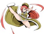  afolo blue_eyes chinese_clothes hat high_kick hong_meiling kicking long_hair panties red_hair simple_background solo spread_legs star touhou underwear white_background 