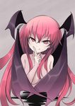  arai_togami bat_wings blush breasts head_wings highres koakuma long_hair looking_at_viewer medium_breasts nude red_eyes red_hair simple_background slit_pupils smile solo touhou wings 