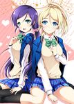  ayase_eli bad_id bad_pixiv_id black_legwear blazer blonde_hair blue_eyes bow breasts green_eyes highres jacket long_hair love_live! love_live!_school_idol_project medium_breasts multiple_girls open_blazer open_clothes open_jacket open_mouth otonokizaka_school_uniform ponytail purple_hair school_uniform skirt smile socks sousouman sweater_vest thighhighs toujou_nozomi twintails 